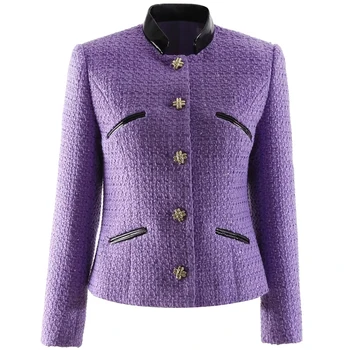 Janeyiren Модное подиумное осенне-зимнее твидовое пальто с воротником-стойкой, женское однобортное пальто с длинным рукавом, тонкая фиолетовая куртка, пиджак